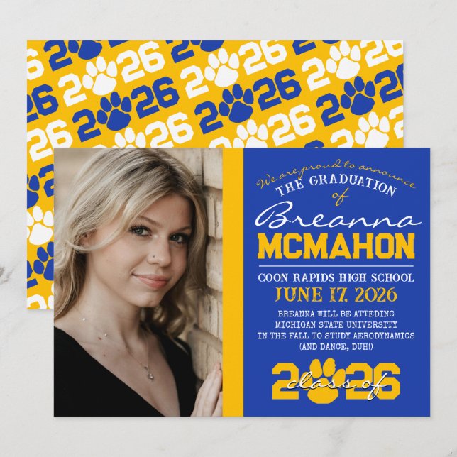Blue & Gold Paw Print Graduation Announcement (Front/Back)