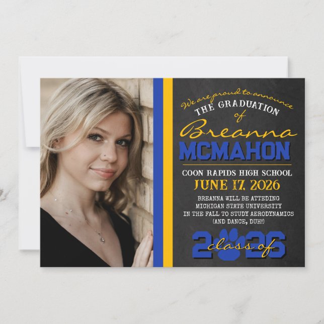 Blue & Gold Paw Print Graduation Announcement (Front)