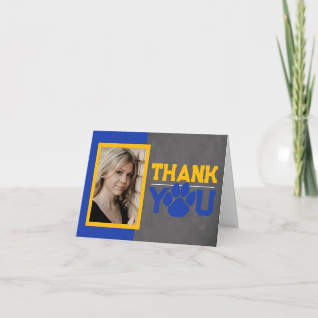 Blue & Gold Paw Print Graduation Folding 2 Photo Thank You Card (Front)
