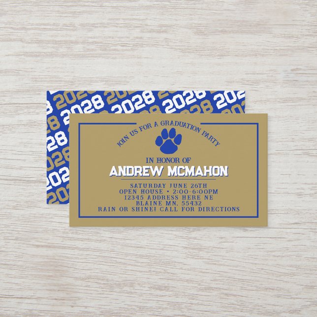 Blue & Gold Pawprint Mini Graduation Invites (Blue & Bronze Gold Pawprint Mini Graduation Invites for Friends, Team Mates or as Inserts!)