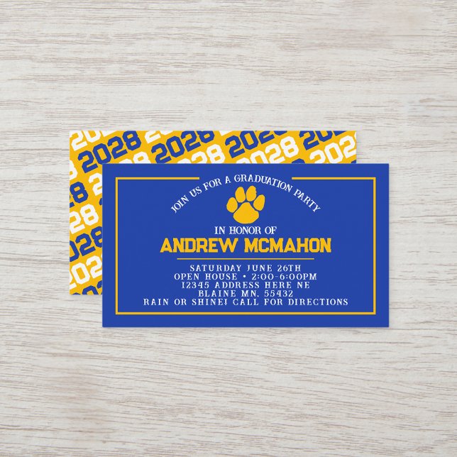 Blue & Gold Pawprint Mini Graduation Invites (Blue & Gold Pawprint Mini Graduation Invites for Friends, Team Mates or as Inserts!)