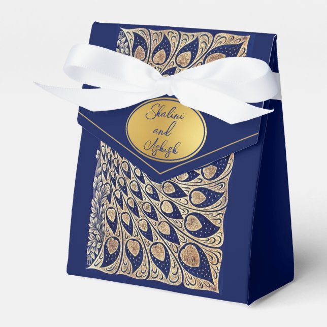 Blue Gold Peacock Art Nouveau Wedding Favor Box (Front Side)
