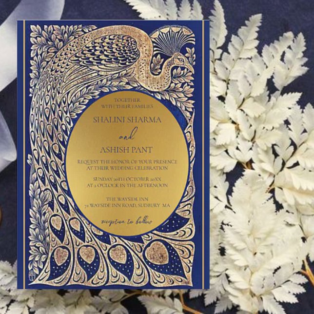 Blue Gold Peacock Art Nouveau Wedding Invitation (Creator Uploaded)