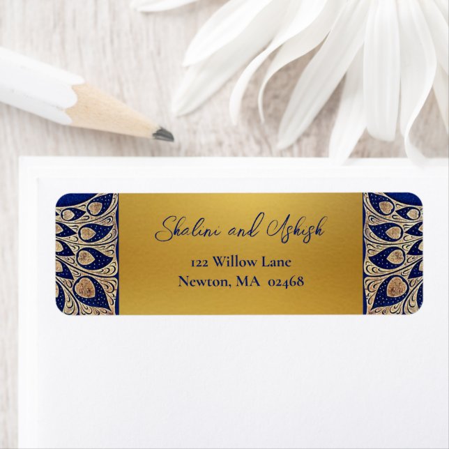 Blue Gold Peacock Art Nouveau Wedding  Label (Insitu)