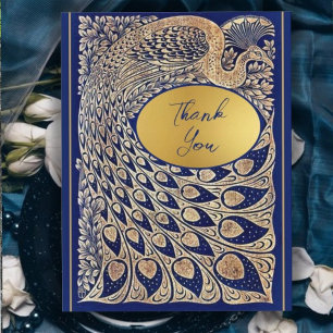 Blue Gold Peacock Art Nouveau Wedding Letterpress Thank You Card