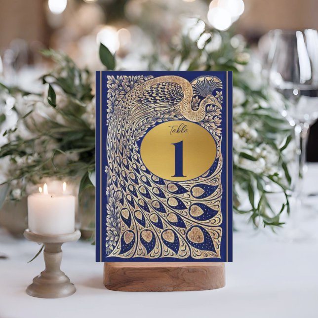 Blue Gold Peacock Art Nouveau Wedding Table Number (Creator Uploaded)