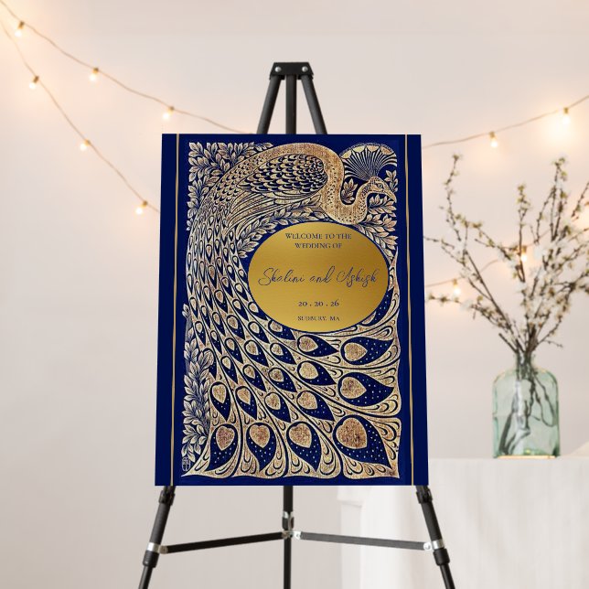 Blue Gold Peacock Art Nouveau Wedding Welcome Foam Board (In Situ (Stand))
