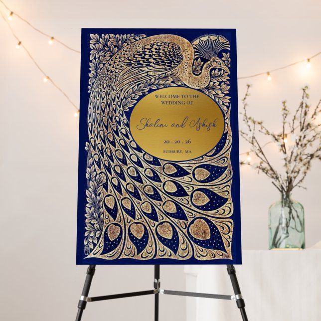 Blue Gold Peacock Art Nouveau Wedding Welcome Foam Board (In Situ (Stand))