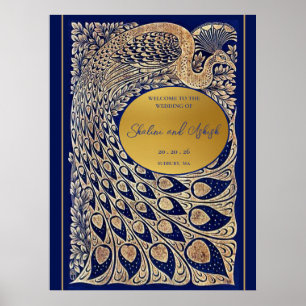 Blue Gold Peacock Art Nouveau Wedding Welcome Poster