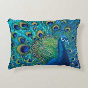Blue & Gold Peacock Design Accent Pillow