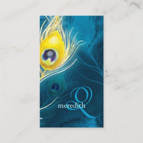 Blue Gold Peacock Feathers Monogram Business Cards