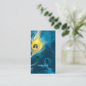 Blue Gold Peacock Feathers Monogram Business Cards (Standing Front)
