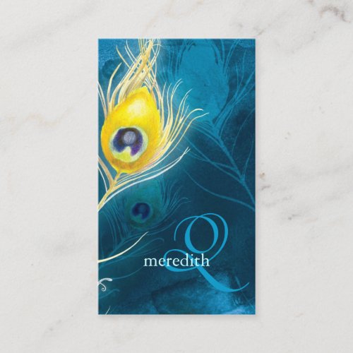Blue Gold Peacock Feathers Monogram Business Cards