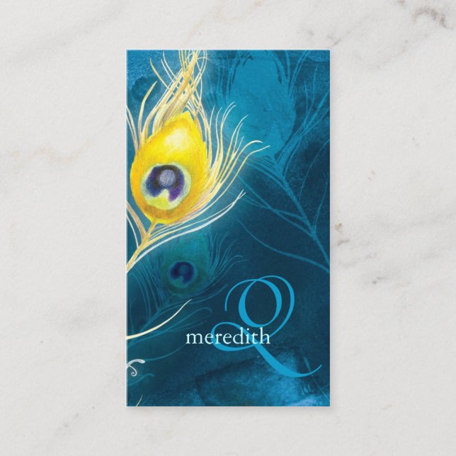 Blue Gold Peacock Feathers Monogram Business Cards (Front)