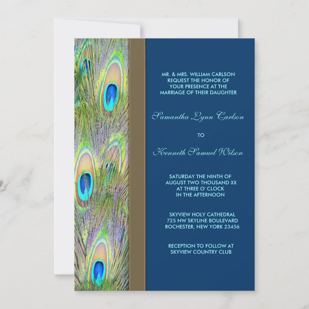 Blue Gold Peacock Feathers Wedding Invitation | Zazzle