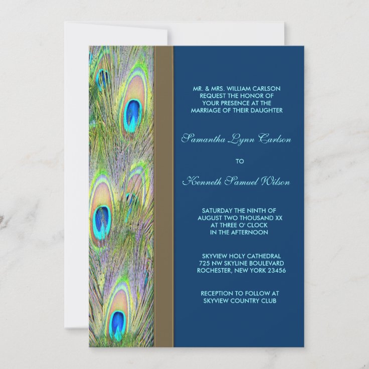 Blue Gold Peacock Feathers Wedding Invitation 