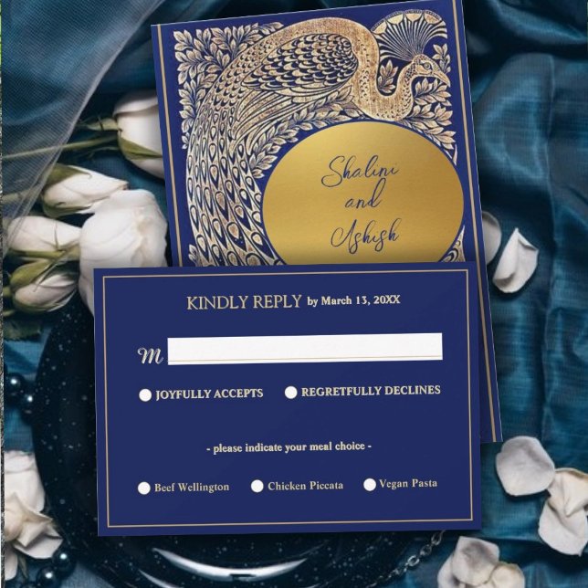 Blue Gold Peacock Indian Wedding RSVP Card (Creator Uploaded)