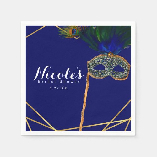 Blue  Gold Peacock Masquerade Custom Party Napkins