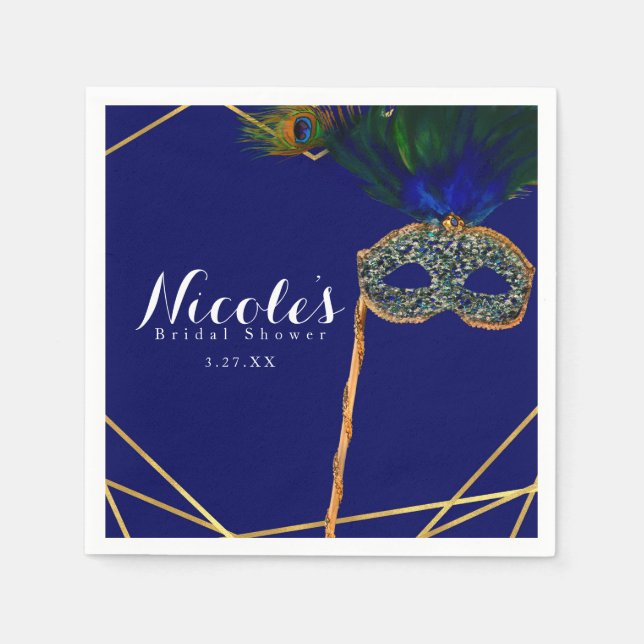 Blue & Gold Peacock Masquerade Custom Party Napkins (Front)