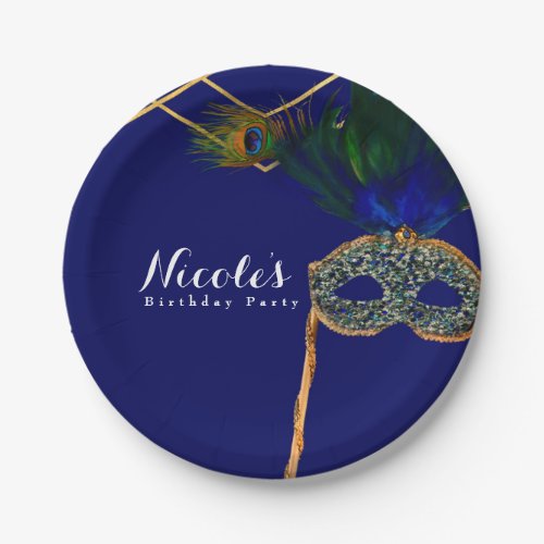 Blue  Gold Peacock Masquerade Custom Party Paper Plates
