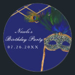 Blue & Gold Peacock Masquerade Party Custom Favor Classic Round Sticker<br><div class="desc">Blue & Gold Peacock Masquerade Party Custom Favor Stickers. Customize with any text you want.</div>