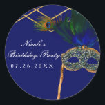 Blue & Gold Peacock Masquerade Party Custom Favor Classic Round Sticker<br><div class="desc">Blue & Gold Peacock Masquerade Party Custom Favor Stickers. Customize with any text you want.</div>