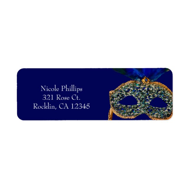 Blue & Gold Peacock Masquerade Party Invitation Label (Front)
