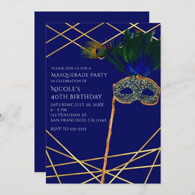 Blue & Gold Peacock Masquerade Party Invitations (Front/Back)