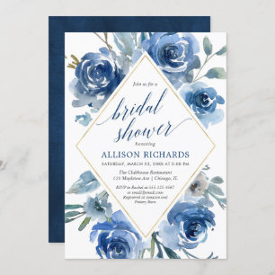 Blue gold peonies watercolor elegant bridal shower invitation