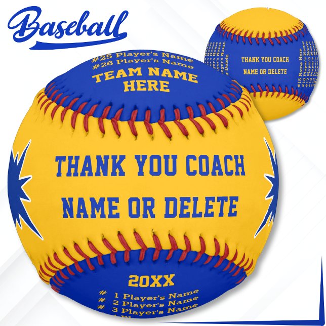Blue, Gold Personalized Baseball Ball, All Players (Gift ideas for baseball coaches. All player's names on Blue and Gold, Personalized Baseball. Ball.)