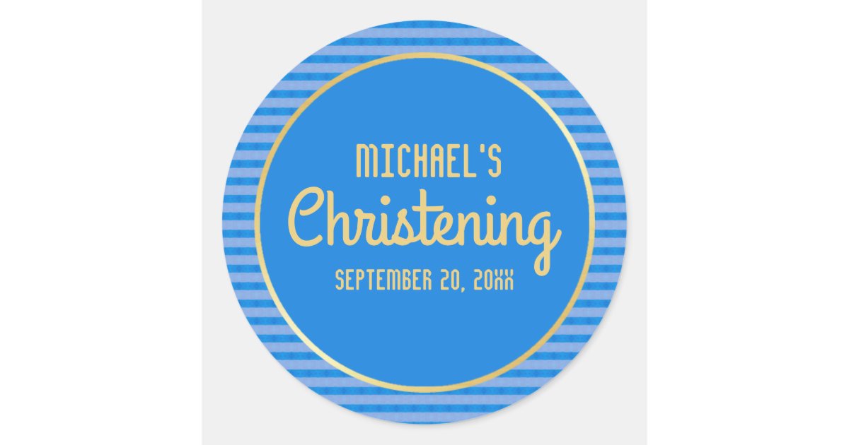 Blue & Gold Personalized Christening Sticker, Boy Classic Round Sticker Zazzle