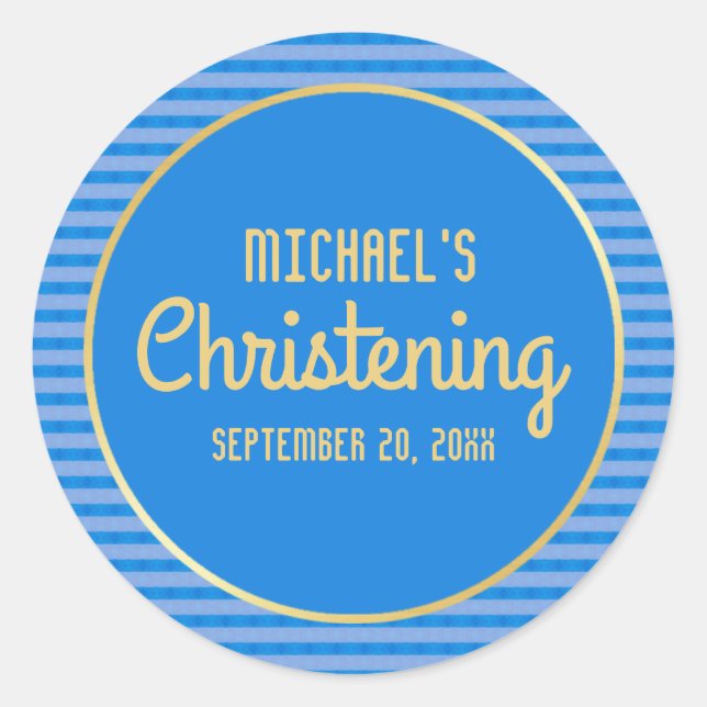 Blue & Gold Personalized Christening Sticker, Boy Classic Round Sticker (Front)