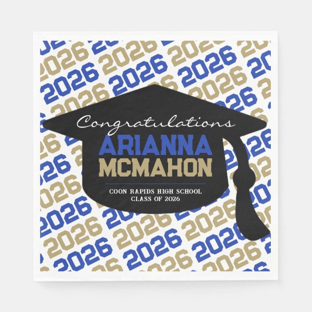 Blue & Gold Personalized Graduation Cap Paper Napkins (Front)