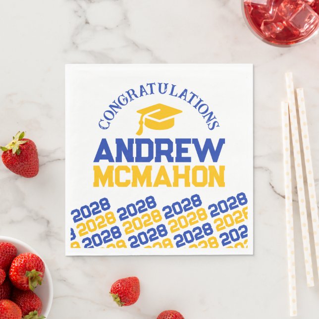 Blue & Gold Personalized Graduation Party Paper Napkins (Insitu)