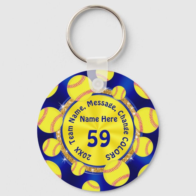 Blue Gold Personalized Softball Gift Bag Ideas Keychain (Front)