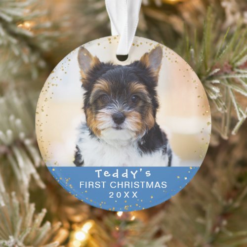 Blue Gold Pet Dog Puppy Holiday Custom Photo Ornament