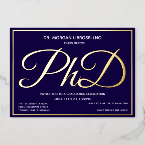 Blue Gold PhD Graduation Foil Invitation