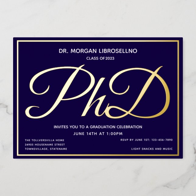 Blue Gold PhD Graduation Foil Invitation (Front)