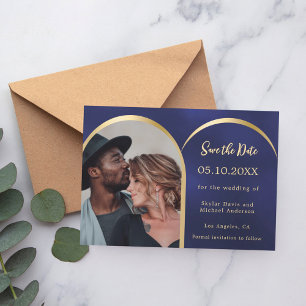 Blue gold photo arch wedding Save the Date card