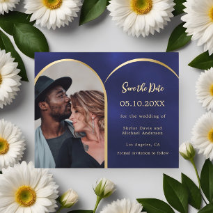 Blue gold photo arch wedding Save the Date card
