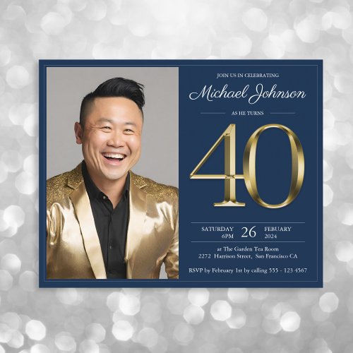 Blue Gold Photo Budget 40th Birthday Invitation
