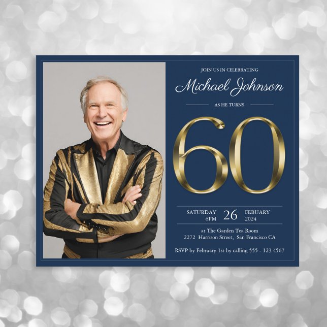 Blue Gold Photo Budget 60th Birthday Invitation (Mockup View)