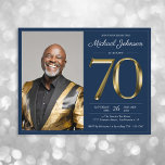 Blue Gold Photo Budget 70th Birthday Invitation<br><div class="desc">Blue Gold Photo Budget 70th Birthday Invitation. Get ready for an unforgettable milestone birthday bash with this sleek and sophisticated invitation! Featuring solid gold text that screams elegance and class, this design is all about celebrating in style. The rich, gold typography stands out boldly against a refined background, making every...</div>