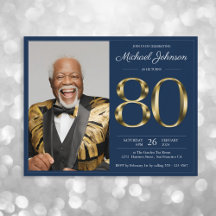 Blue Gold Photo Budget 80th Birthday Invitation