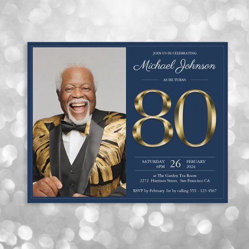 Blue Gold Photo Budget 80th Birthday Invitation