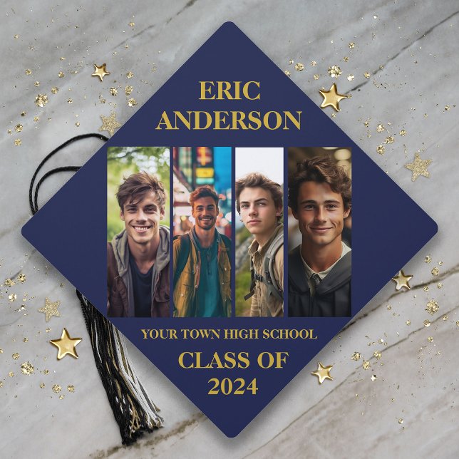 Blue Gold Photo Collage Graduation Class of 2024 Graduation Cap Topper (Navy blue and gold Class of 2024 graduation photo cap topper)