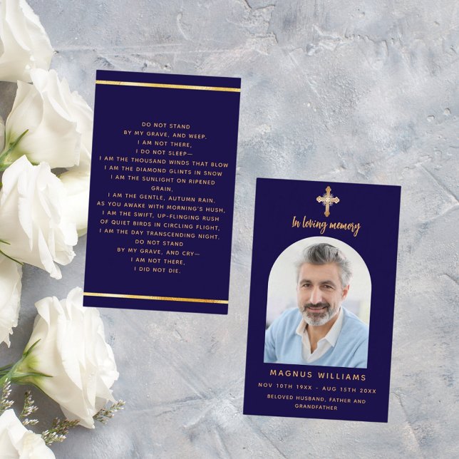 Blue gold photo cross arch funeral prayer card (Creator Uploaded)