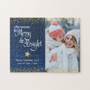 Blue Gold Photo Days Merry Bright Script Holiday Jigsaw Puzzle