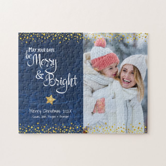 Blue Gold Photo Days Merry Bright Script Holiday Jigsaw Puzzle (Horizontal)