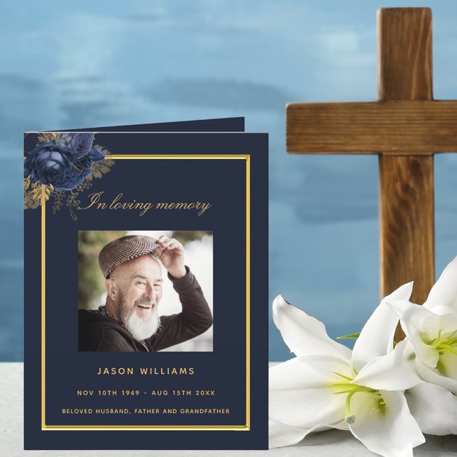 Blue gold photo elegant floral funeral program (Creator Uploaded)